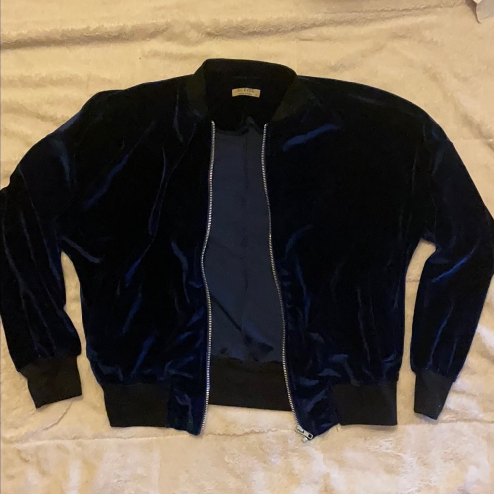 Blue Faux Velvet Bomber Jacket